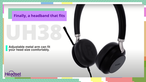 picture of  the yealink UH38 wired usb headset with text that says finally a headband that fits