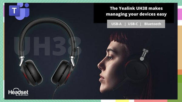 darkened image of a woman wearing a yealink UH38 wired USB headset with text that talks about connectivity flexibility