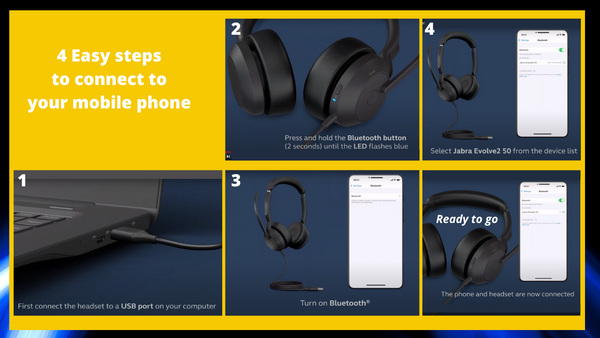 Four steps on getting a Jabra Evolve2 50 connected to a mobile phone