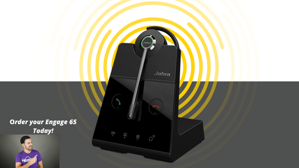 image of the Jabra Engage 65 earpiece resting in the charge cradle with yellow circular lines in the background, like  round sound waves. Man in lower left corner point upwards towards the text that says order your Engage 65 today.