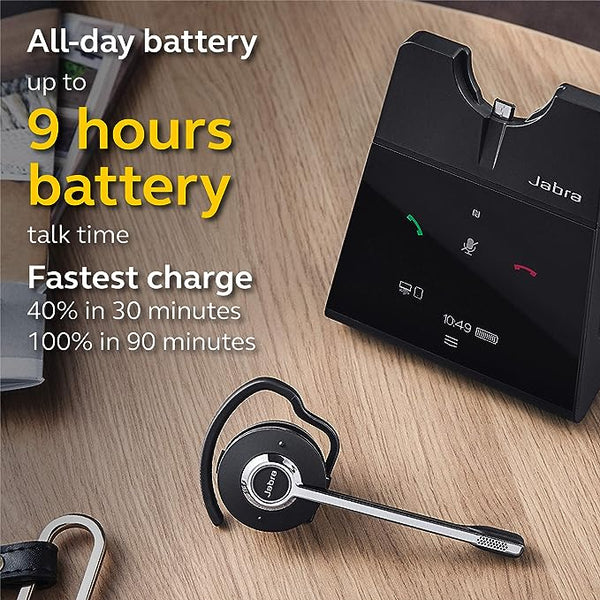 Image of Jabra Engage 65 convertible on desktop with battery specifications  text