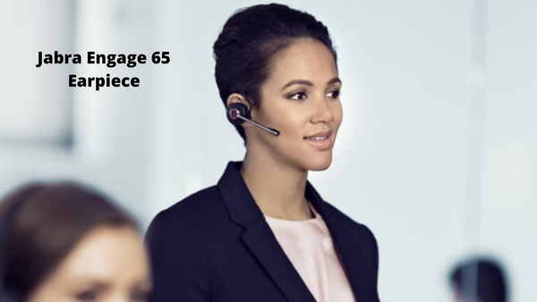 Jabra engage 65 earpiece being worn by a woman standing up in an office next to coworker