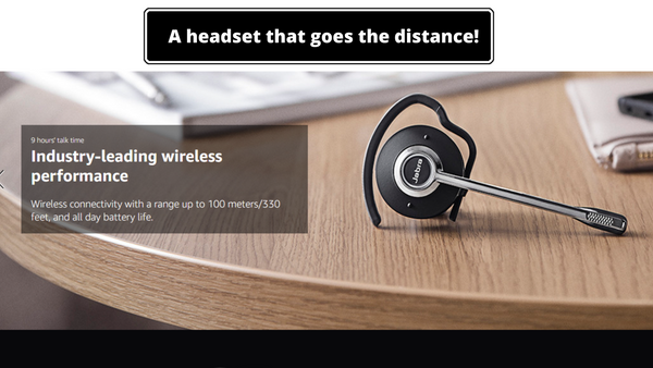 Jabra Engage 65 earpiece on desktop with text about wireless range