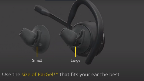 image of a Jabra engage 65 earpiece with two sizes of ear gels labled