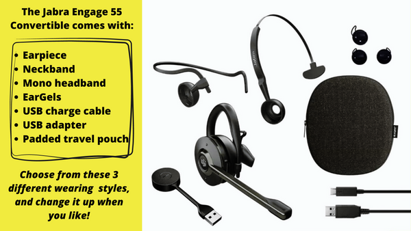 Image of the different parts included when a Jabra Engage 55 convertible headset is ordered