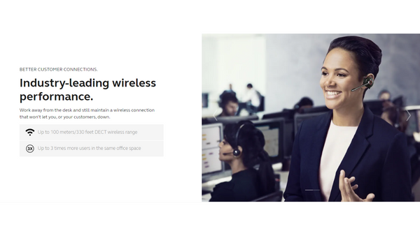 woman wearing jabra engage 75 convertible earpiece with text that talks about wireless range