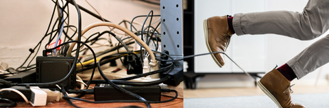 Image of a bunch of tangled office cords and someone tripping over one of them