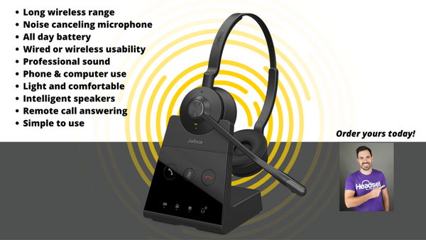 Jabra Engage 65 in cradle and text summarizing its features