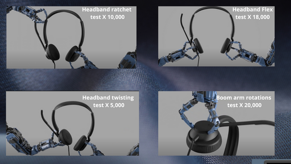 four images of a robotic arm twisting, spinning and bending a Jabra Engage 40 and 50 II headset testing them for durability