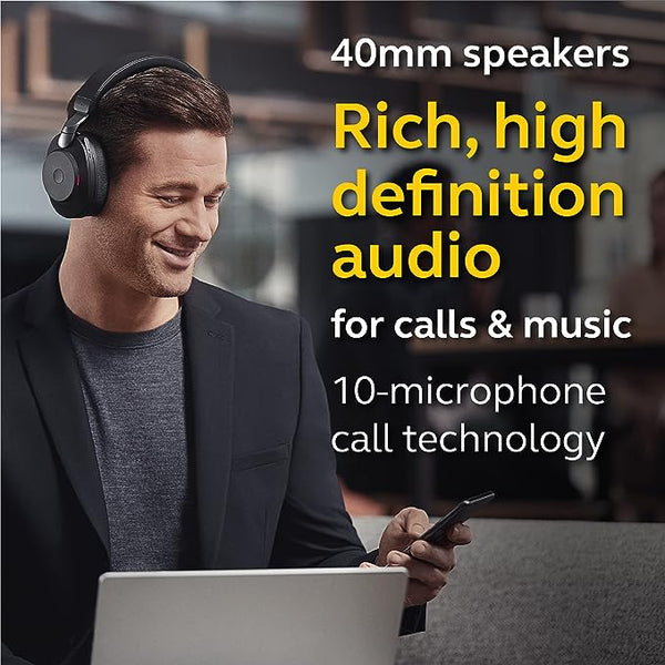 man wearing a jabra evolve2 85 with text talking about sound quality