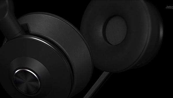 Close up, darkened image of the Jabra Engage 65 dual  ear speakers