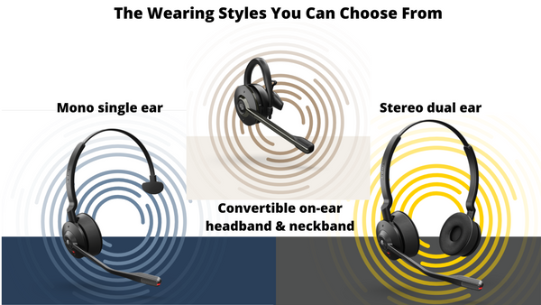 Image of the three different wearing styles of Engage 55 headsets; mono, duo and convertible