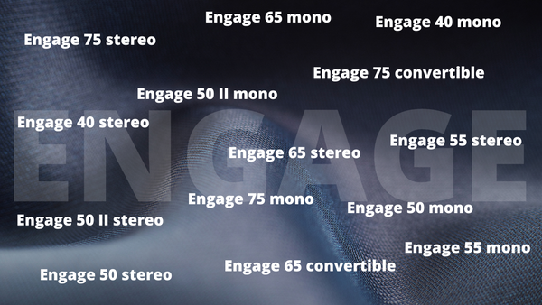 a large ghost image of the word Engage with dark background, and in white lettering the names of different Engage headsets