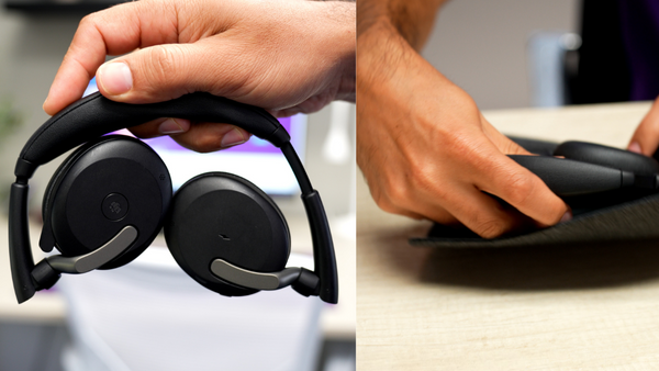 Two images side by side. Left image is the Jabra Evolve2 65 Flex being held up, and folded in half. Second image on right is the same headset being inserted into travel case.
