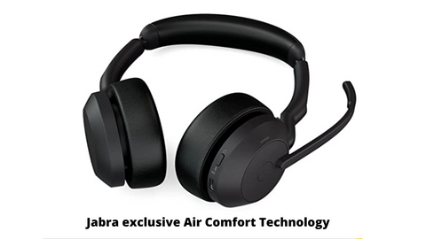 close up image of Jabra double ear headset with the words Jabra exclusive Air Comfort Technology written below it