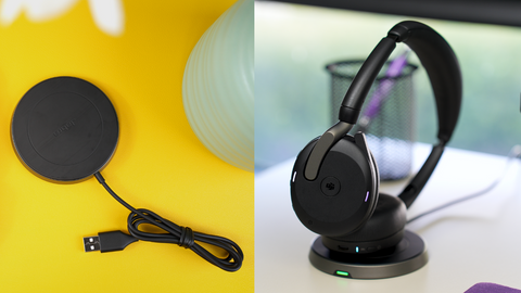 Jabra Evolve2 65 Flex wireless charger, and a second adjacent image of the headset on the charger