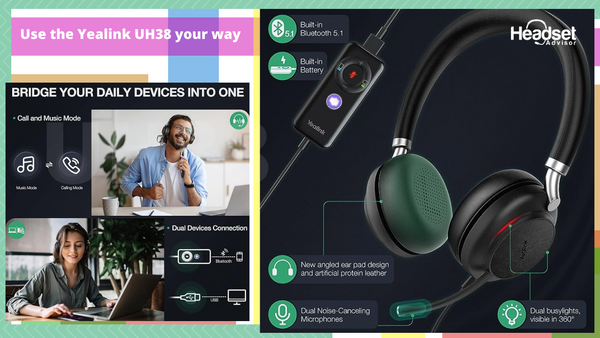 a highlight of the yealink UH38 features, and two embedded lifestyle pictures of a man and a woman wearing the headset