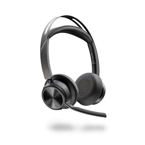 A suspended in air Poly Focus 2 wireless headset