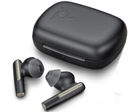 close of view of Poly Voyager Free 60 earbuds and travel case