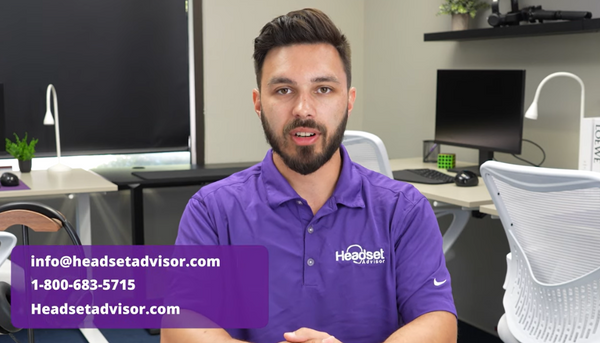 man facing camera in office with headset advisor contact info on screen