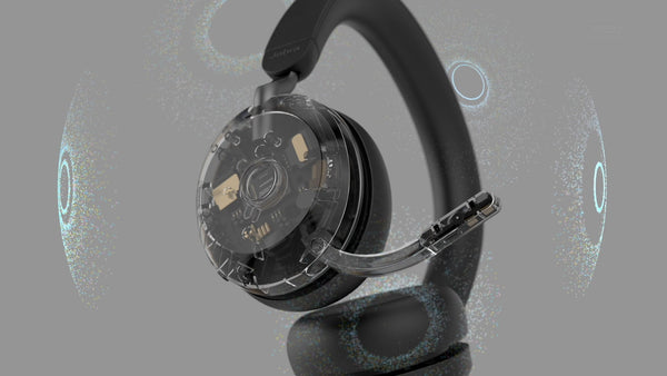 image of the Jabra Evolve2 75 headset with transparent cover view of ear piece, and icons of sound circling the headset