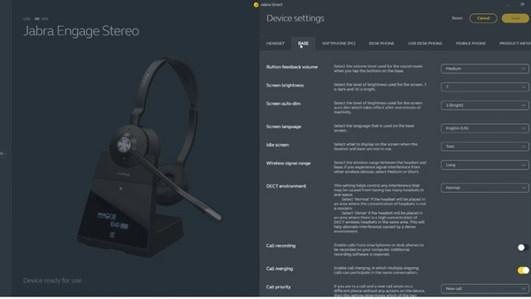 Screenshot of the Jabra Direct Software being used with Jabra Engage 75 stereo headset, showing the different adjustments and categories available to access