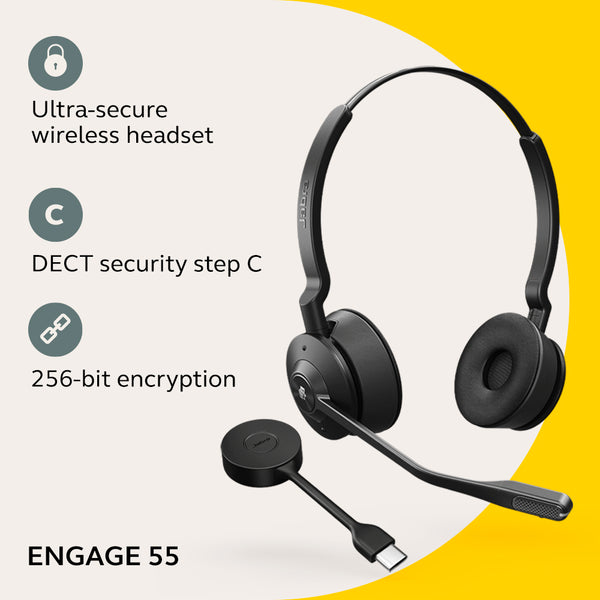 Jabra Engage 55 duo headset with text bullet points stating security specificatioins