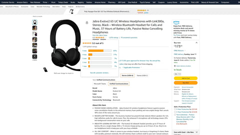 a screenshot of the Jabra Evolve2 65 on amazon showing over 1,000 reviews that average 4.5 stars