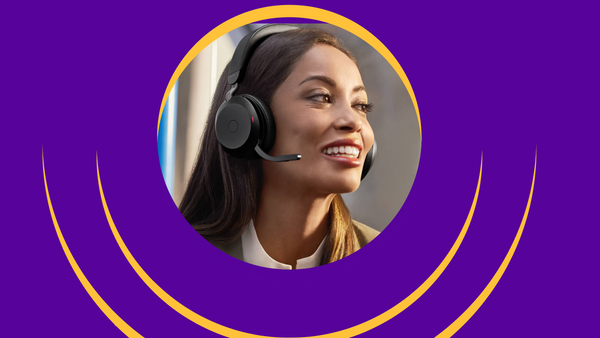 Woman wearing a Jabra Evolve2 75 headset in a circle with a purple background with yellowish swirl design