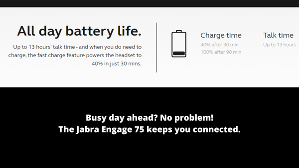 A graphic that shows the battery specifications for the Jabra Engage 75