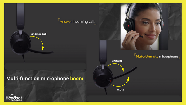 woman wearing a jabra evolve2 40, and two evolve2 40 headsets showing raising and lowering the boom will mute and unmute the microphone, and dropping it down answers an incoming call.