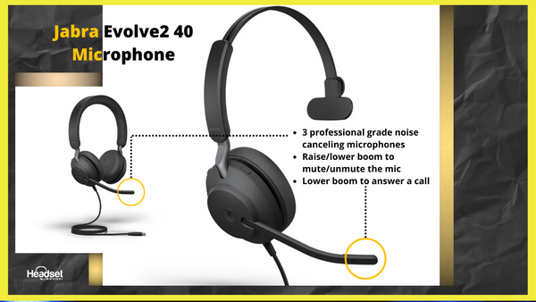 image of two jabra evolve2 40 wired headsets, and text that talks about the microphone features
