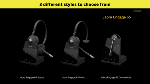 Jabra engage 65 stereo, mono and convertible headsets side by side sitting in their charging base.
