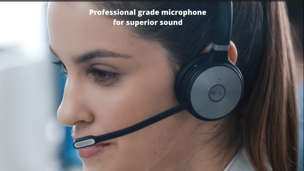 close up of a woman wearing a Yealink  WH62 wireless headset with text that speaks to professional sound