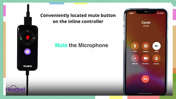 Yealink UH38 inline controller that shows where to mute the microphone