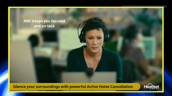 woman sitting in an open office environment wearing a Jabra Evolve2 50 wired USB headset with a statement about ANC keeping you focused.