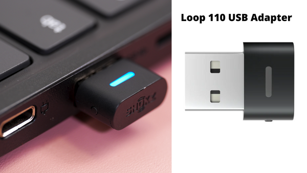 Opencomm Loop 110 USB adapter image side by side to a second image of a computer with the Loop 110 inserted into the USB port