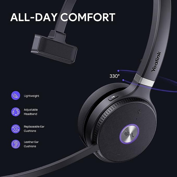 Yealink WH62 mono Portable headset next to some bullet points about comfort