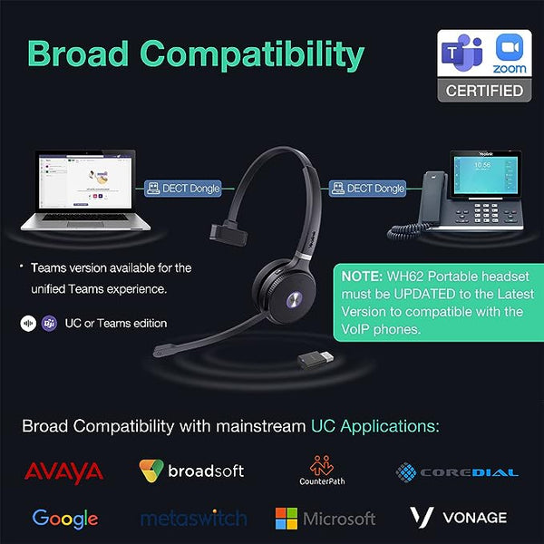 Yealink WH62 headset showing it between a computer, and a desk phone to show connectivity options