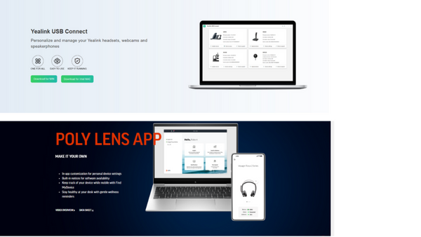 Yealink USB Connect software homepage, and Poly Lens software homepage screenshots