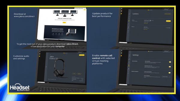Two images of computer screens that show Jabra Direct Software, and some text that describes it.