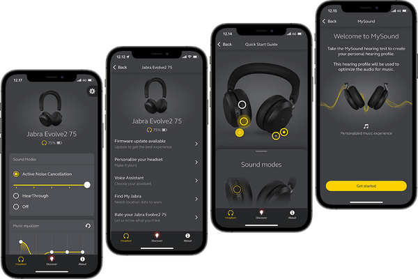 Jabra Sound+ being accessed on 4 smartphones, each phone showing a different something different to adjust