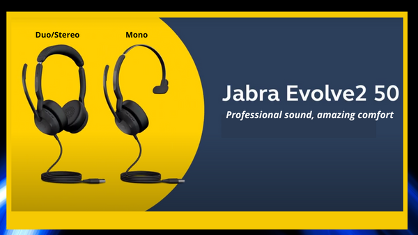 One Jabra Evolve2 50 mono, and a duo representing the title page for this product listing