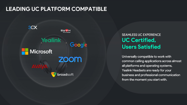 Image of multiple UC software companies logos with text stating yealink's universal compatibility