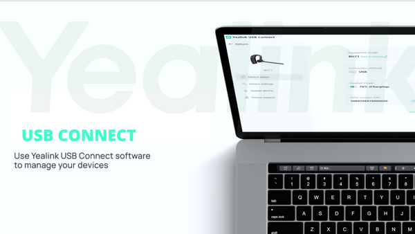 image of laptop and text that talks about Yealink USB connect software for managing yealink devices