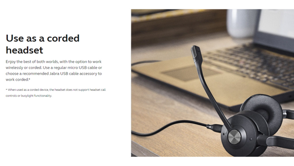 Jabra engage 65 stereo headset on desk with cord plugged in and text that talks about using it as a wireless, or wired headset