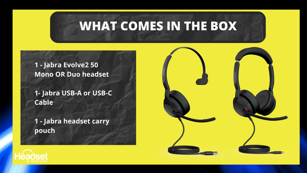 An image of a mono and duo Jabra Evolve2 50 wired USB headset, and text that describes what comes in the box