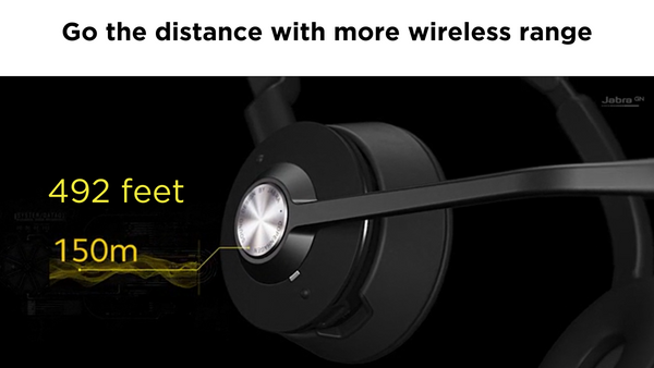 Image of the Jabra engage 65 stereo headset and wording about longer wireless range