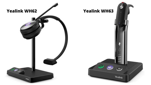 Yealinnk WH62 wireless headset next to a Yealink WH63 wireless headset