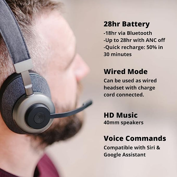 profile of a man wearing an Orosound Tilde Pro with battery specs listed